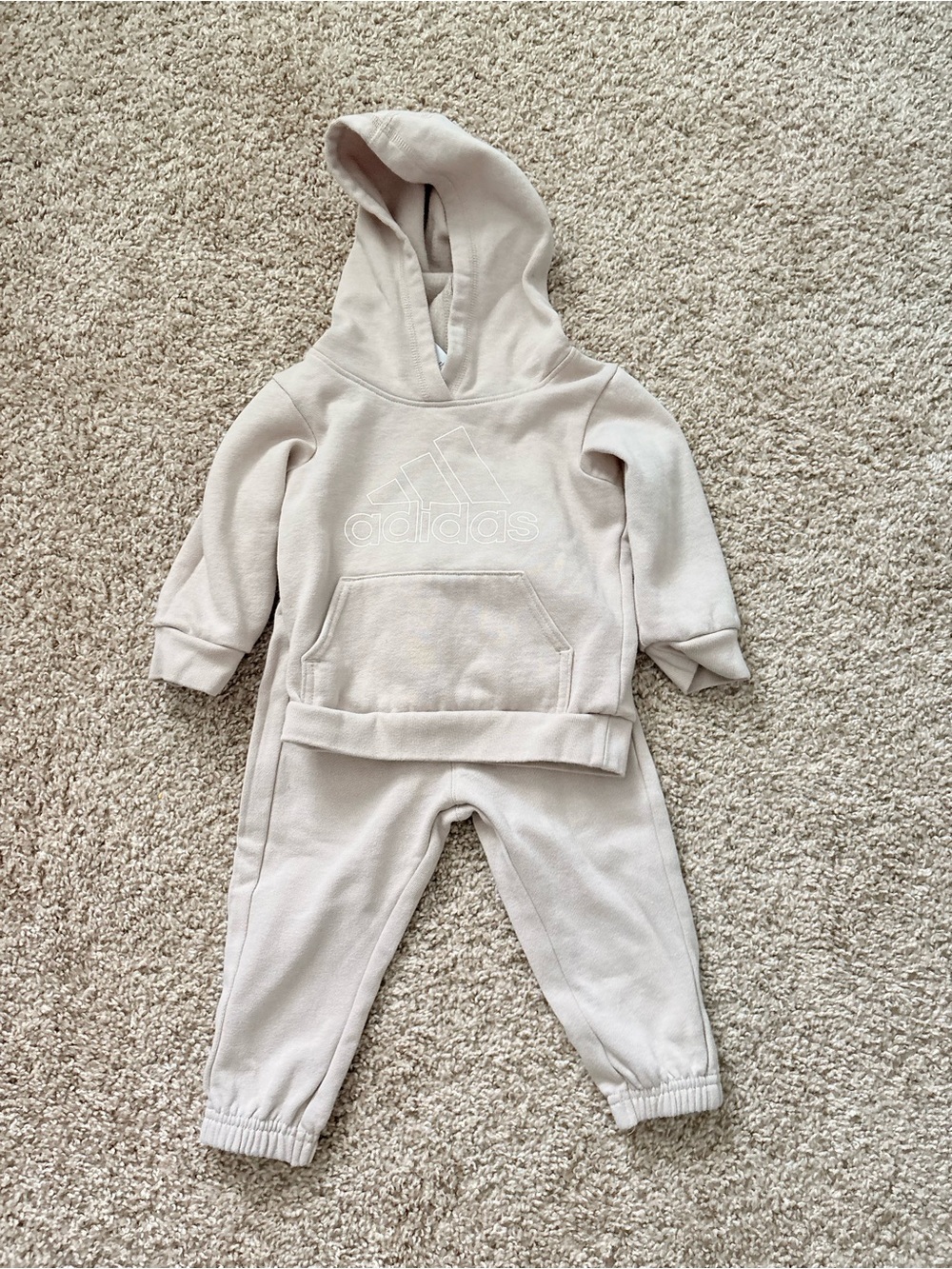 Adidas Toddler Fleece Hoodie & Joggers Set Cream Beige 12M USED